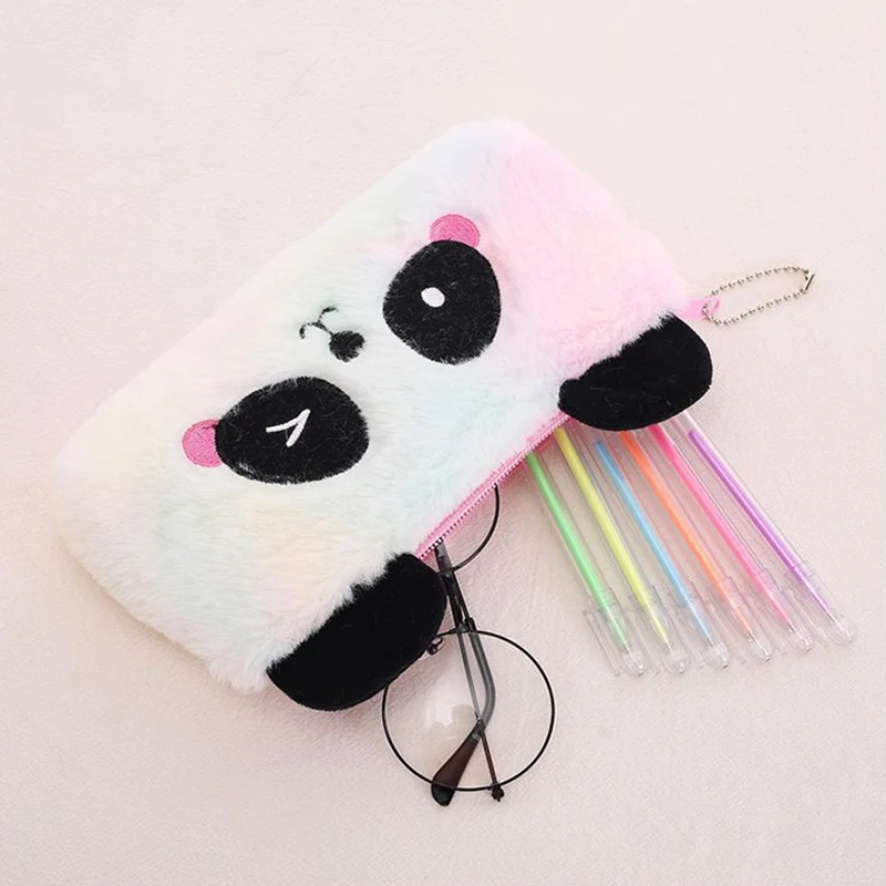 Cute Cartoon Gradual Color Panda Pencil Case Plush Pen Bag Student Stationery Supplies Tool