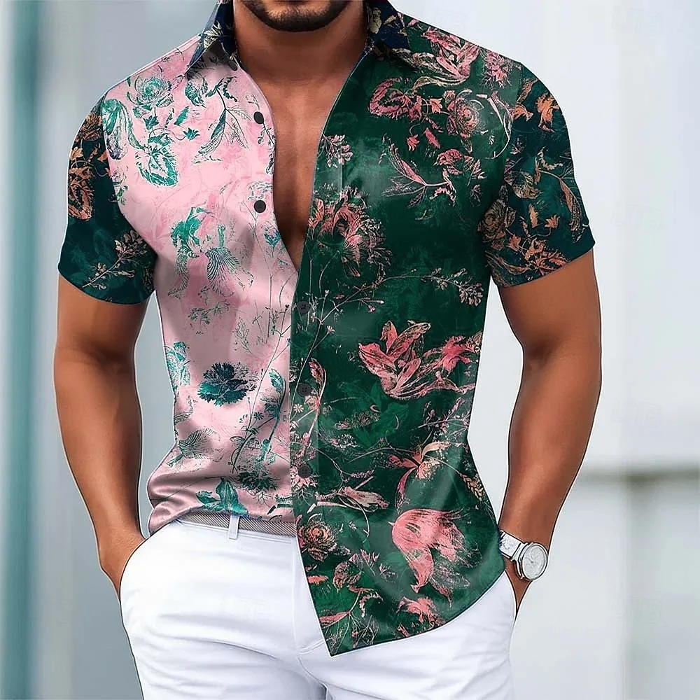 Men's Collar Short Sleeved Shirt with Floral Patchwork Pattern Single Breasted Shirt, Summer Fashionable Casual Vacation Shirt