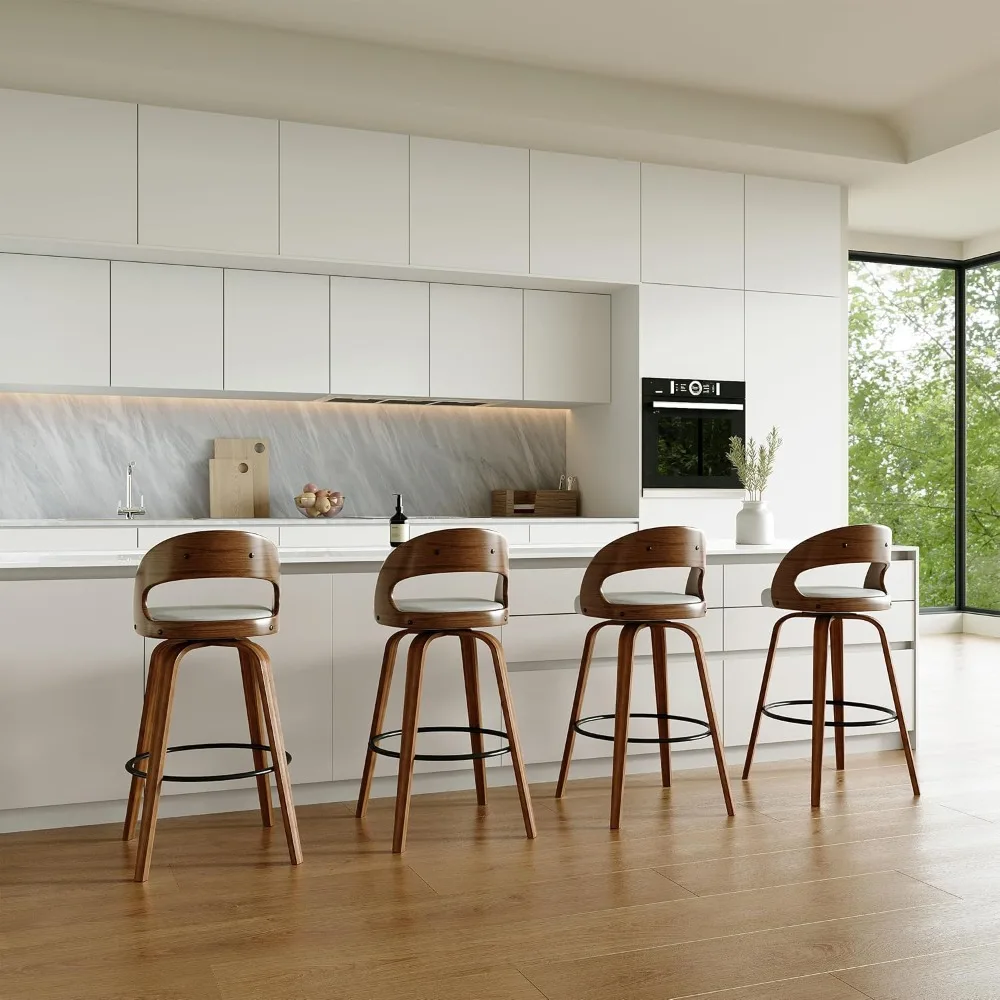 كراسي بار ذات ارتفاع دوار، كراسي بار من الجلد الصناعي مع مسند ظهر وأرجل خشبية صلبة ومسند للقدمين، عداد #5