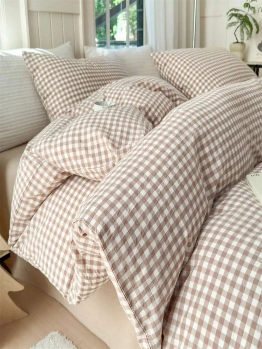 Khaki Plaid Duvet Cover, King Size - Super Soft Bedding Series - Lightweight & Breathable, Suitable For Girls - Soft & Breathabl