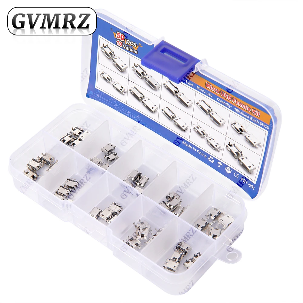 50PCS 10Values Micro USB Female Connector Kit for Electronics DIY & Repair KIT