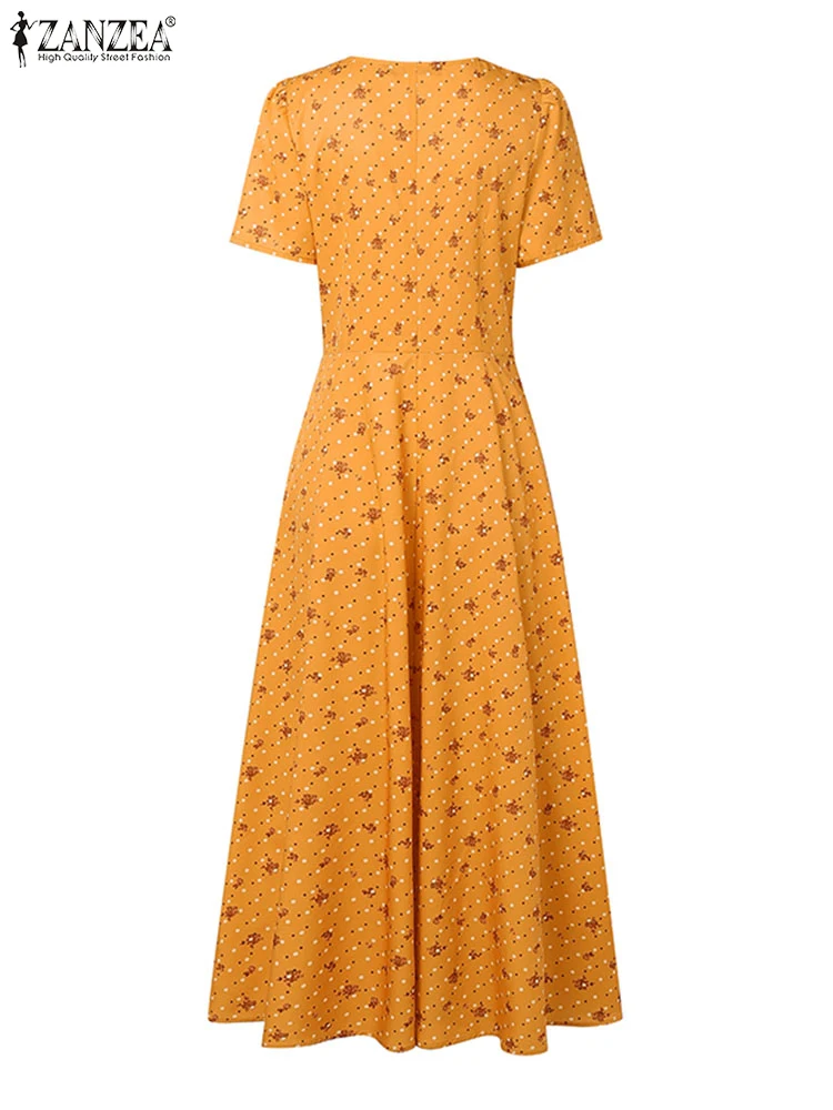 ZANZEA الصيف النساء عطلة فستان طويل 2025 البوهيمي الأزهار المطبوعة ألف خط فستان الشمس ساحة طوق قصيرة الأكمام الشاطئ Vestidos