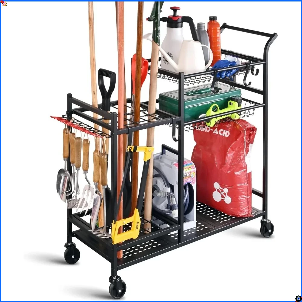 منظم أدوات الحديقة بعجلات - يحمل مكابس، مجرفة، سماد، 15.8 بوصة عمق × 44 بوصة عرض × 39.8 بوصة ارتفاعًا