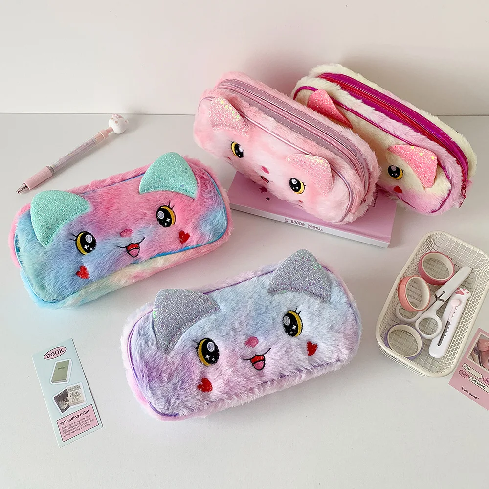 

Plush Y2K Stationery Bag Cartoon Cat Large Capacity Korean Style Pencil Case Aesthetic Ins Style Plush Pencil Pouch Office