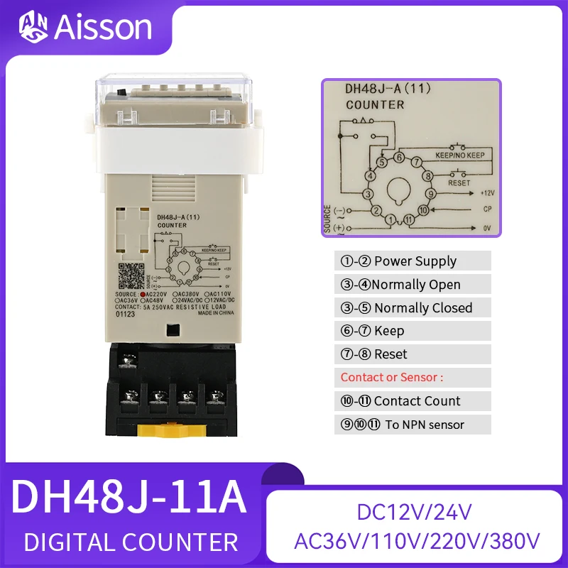 DH48J-8 8A 11A Electronic Preset Digital Display Counters Relay NPN Sensor Count Acyclic 8PIN 11PIN With Base DC12V 24V AC220V