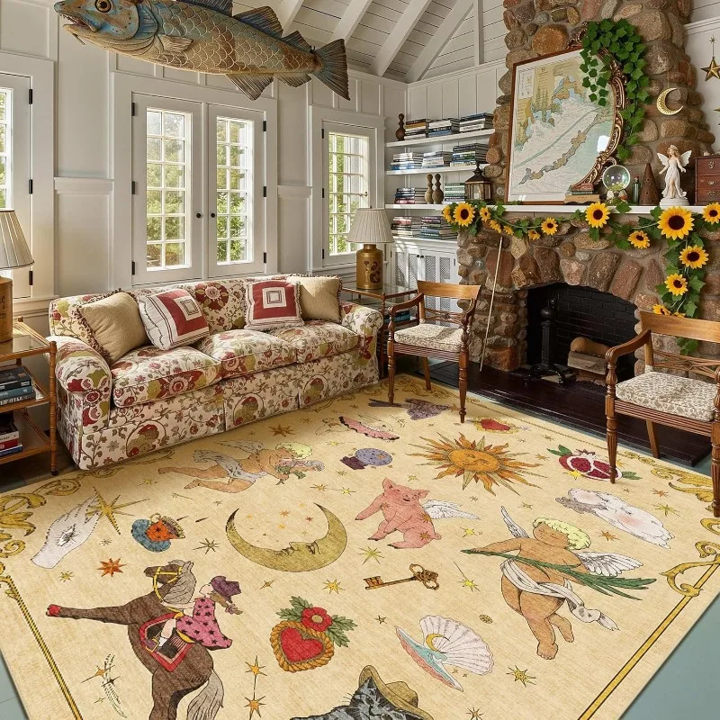 Light Luxury Fashion Cartoon Pattern Carpet for Living Room Boho Retro Bedroom Bedside Rug Non-slip Machine Washable Floor Mat