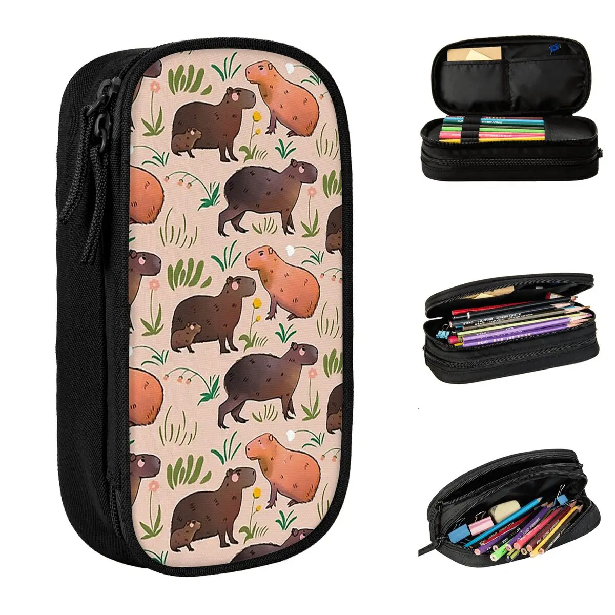 Capybara Cute Green Animal Pattern Pencil Cases Lovely Pen Holder Bags Student Large Storage School Supplies Gift Pencilcases