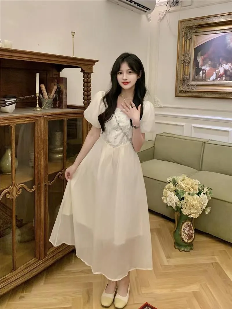 

Summer 2024 New Design Feeling Bubble Sleeve Dress Women's French Sweet Tea Break Dress Korean Style Elegant Sweet Maxi Dress