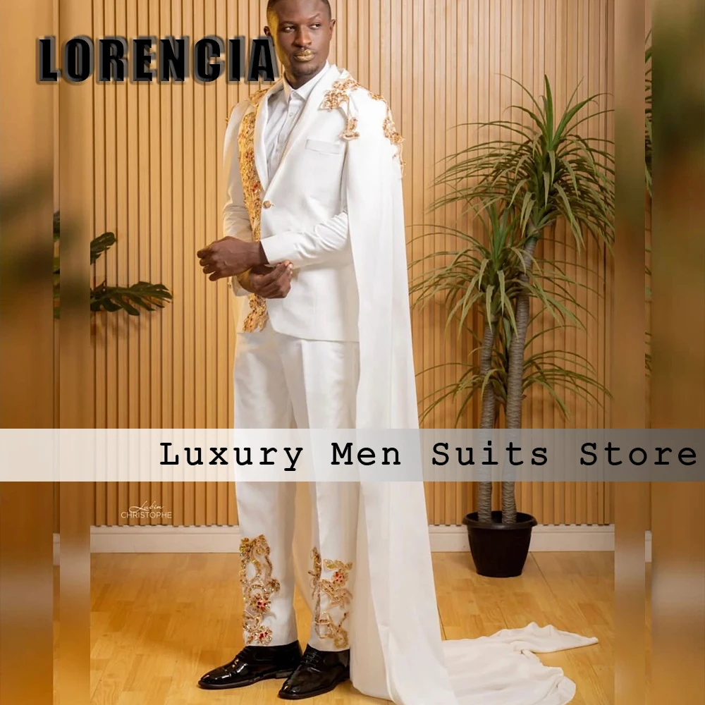 Glitter Applique Men Suit 2 Pieces Tuxedos with Cloak Single Breasted Wedding Groom Outfits Customized Blazer Pants ropa hombre