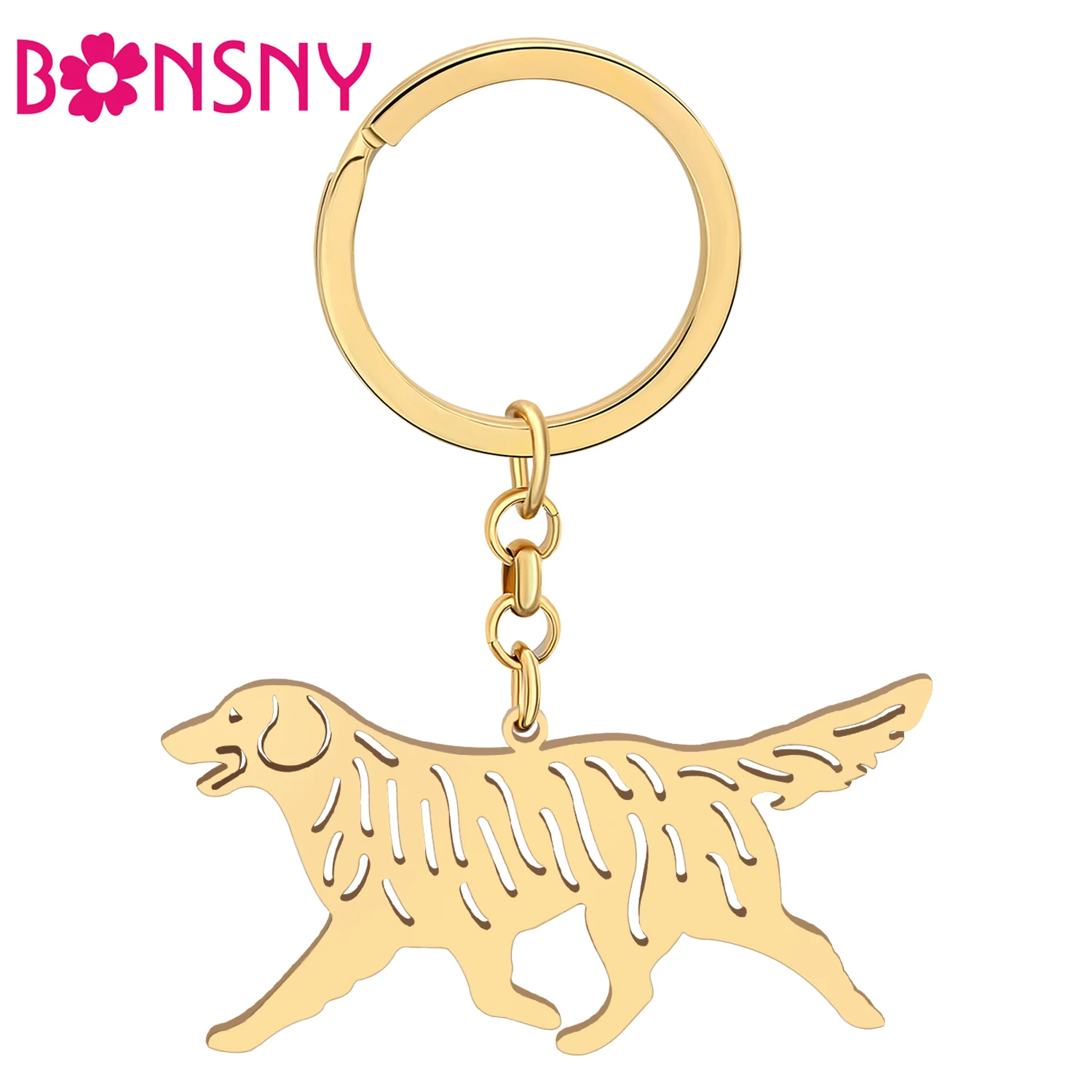 Bonsny Stainless Steel Gold-plated Golden Retriever Dog Key Chain Keychains Keyring Bag Charms For Women Girls Gift