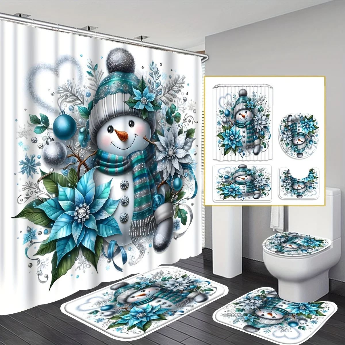 4-piece Christmas digital print shower curtain decoration, waterproof shower curtain and toilet mat three-piece set