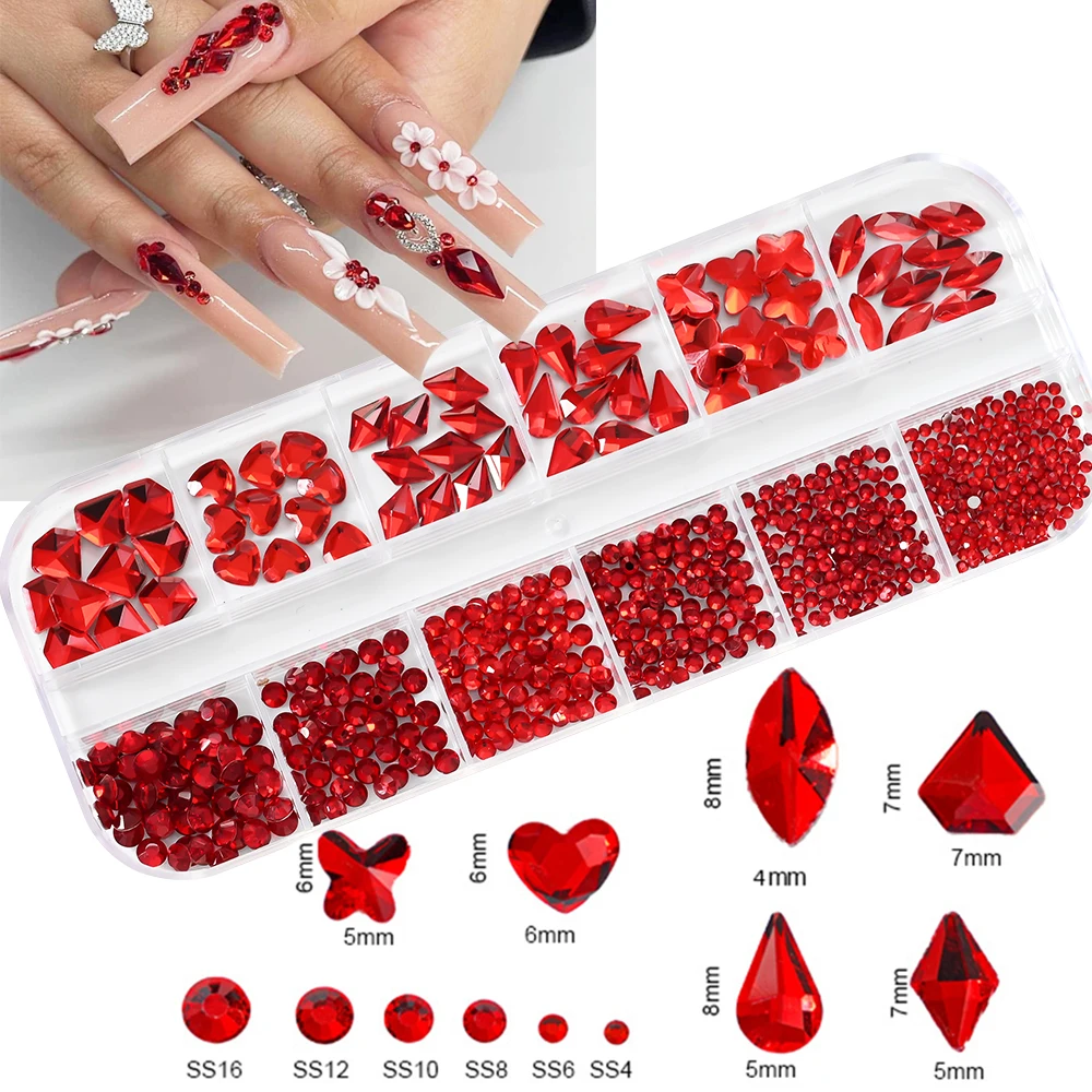 12 グリッド 3D 混合形状ネイルアートラインストーンゴールド/AB/クリア/レッドヒラタガラスダイヤモンドネイルチャーム DIY ネイルアート装飾宝石
