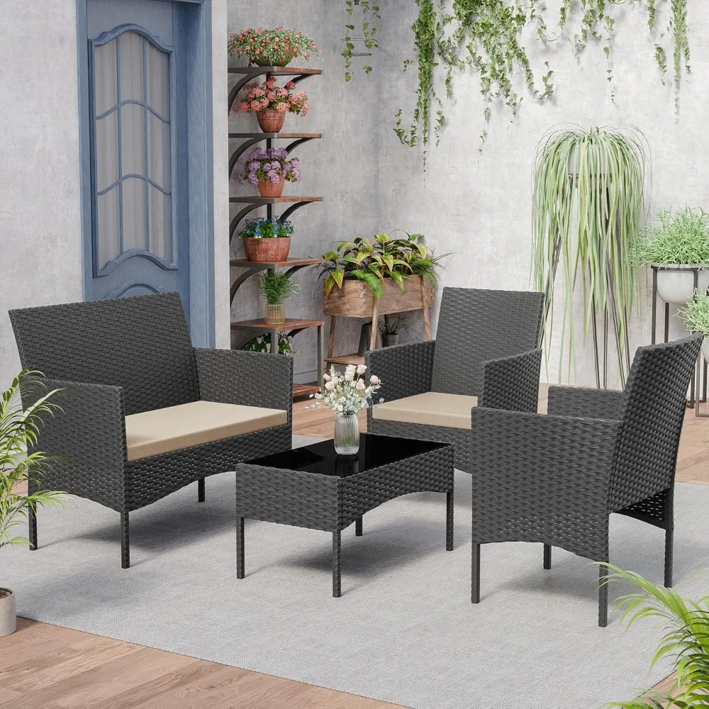 

garden furniture set, 4 Pieces Outdoor Wicker Rattan Chair Conversation Sets w/Coffee Table,Rocking Bistro, garden furniture set