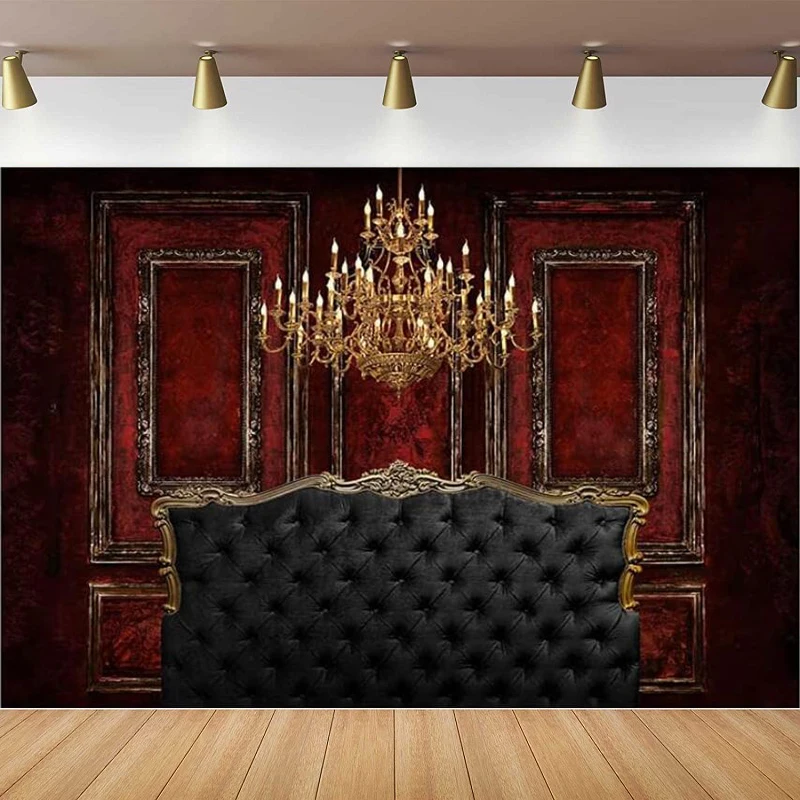 Classic Interior Boudoir Photography Backdrops Red Vintage Wall and Chandelier Decor And Black Headboard Background Photocall