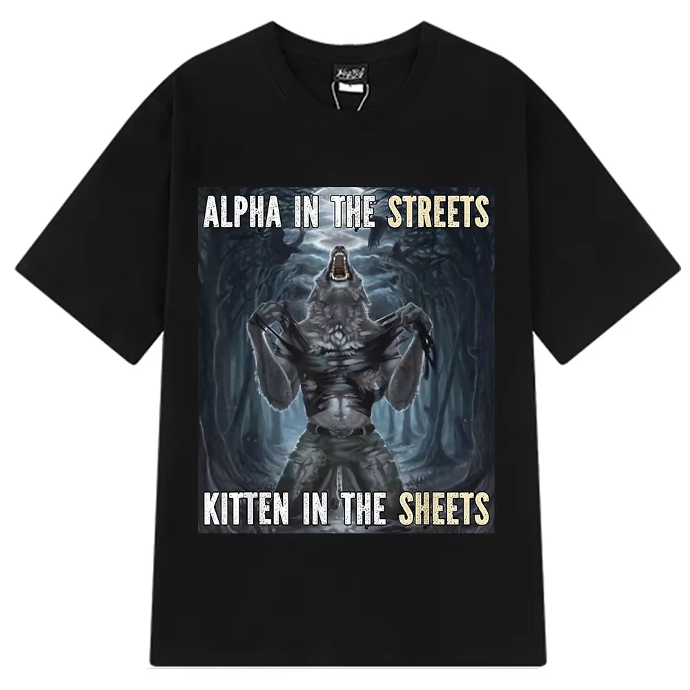 

Футболка Alpha in The Streets, котенок в листов, волк, забавная футболка с мемами, модные футболки высокого качества, футболки унисекс в стиле Харадзюку