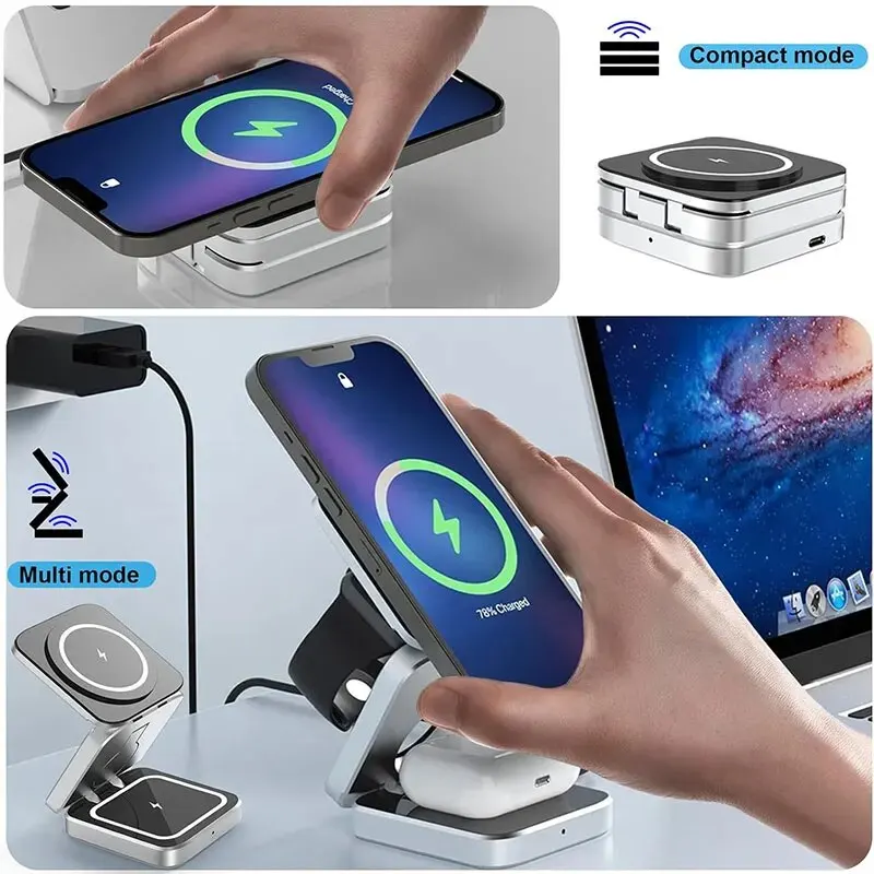 3 in 1 Magnetic Wireless Charger Stand Pad For iPhone 15 14 13 12 Pro Max IWatch 8 7 6 5 Airprods Macsafe Fast Charging Station image 5
