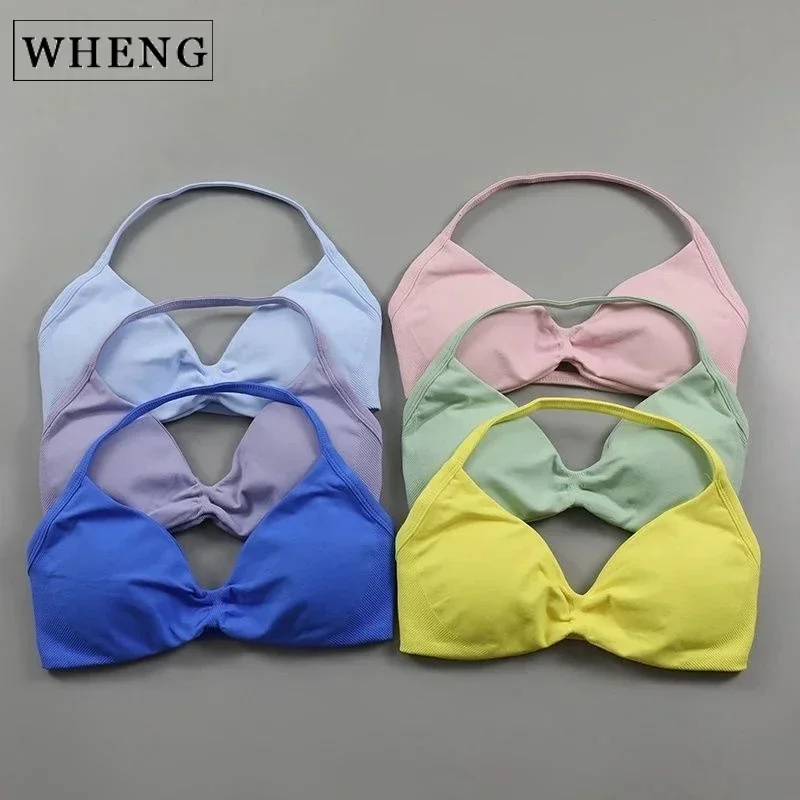 

WHENG V-Neck Lace-Up Bra Women's Low Support Pleated Halter Sports Bra Sexy Gym Crop Top Padded Seamless Workout Yoga Vest
