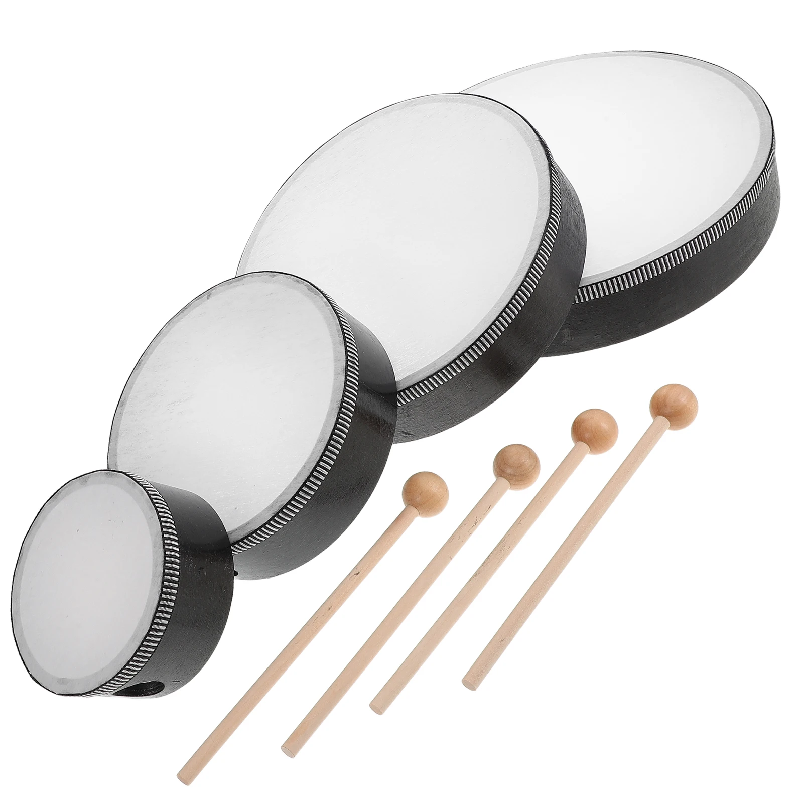 

4 Sizes Hand Drum Set 4inch 6inch 8inch 10inch Black Natural Wood Kids Percussion Mallets Mini Drumsticks Musical Toys