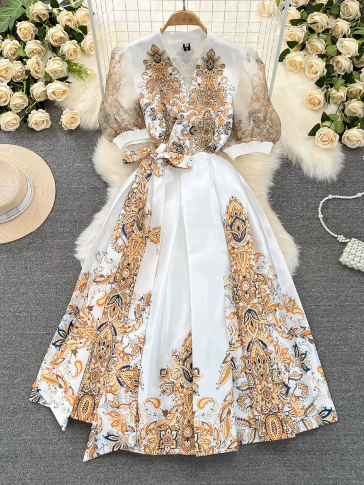 2024 Summer New Vintage Palace Style Printed Dress Women's V-Neck Short Sleeve Lace-up Slim Fit A-line Chiffon Long Skirt