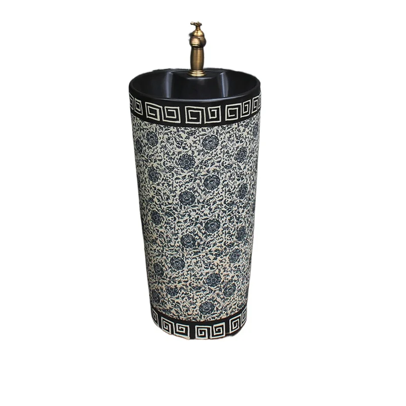 

Outdoor ceramic column basin Household wash basin Balcony floor-to-ceiling washbasin pillar basin Blue flower pot courtyard