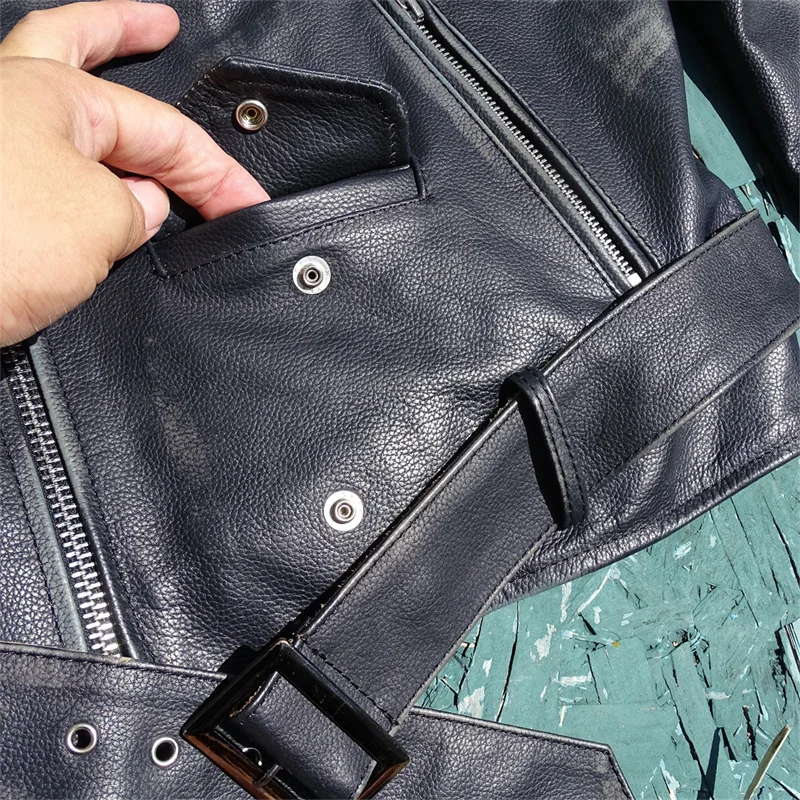 Double-Color Faded Leather Jaet Soft Top Layer Deer Skin Men's Belted Biker Faion Collar Sle ort Slim Fit Casual Coat