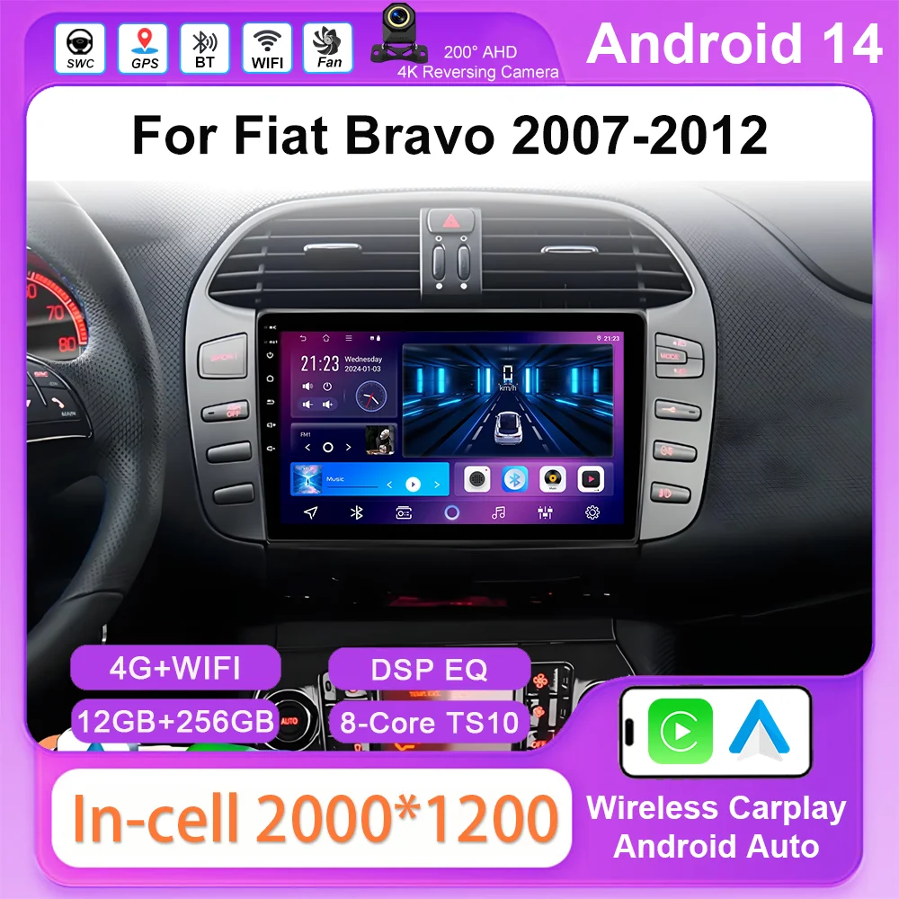 

Android 14 For Fiat Bravo 2007 2008 2009 2010 2011 2012 Car Radio 2 din Carplay GPS Navigation Bluetooth Touch Screen Wifi RDS