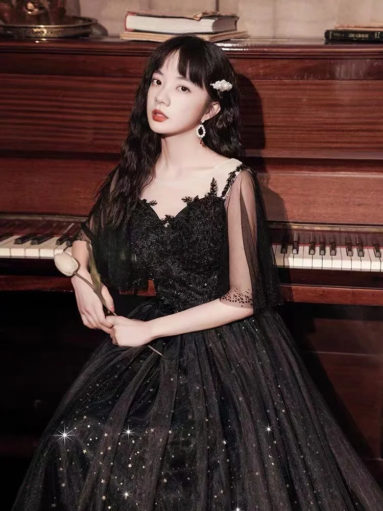 Elegante lentejuelas exquisito apliques de cuentas vestidos de graduación Línea A media manga francés largo banquete Vestido de fiesta de noche Vestido de fiesta