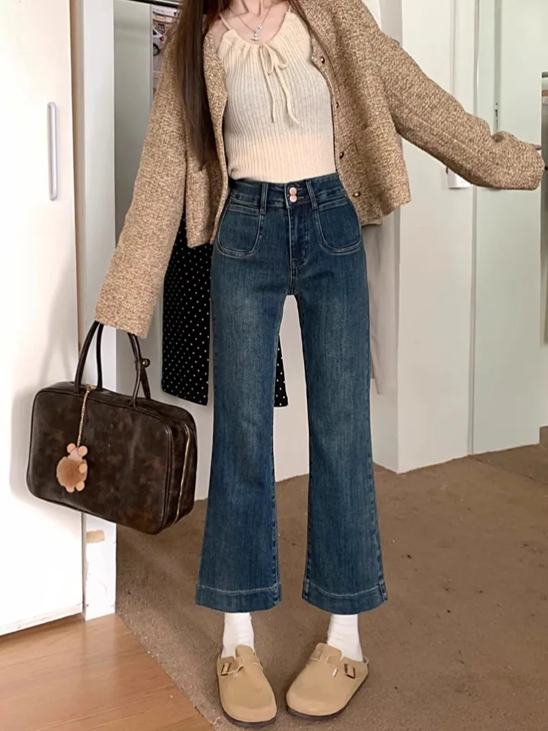 Retro High Waist Slim Fit Jeans Women's Autumn Winter Fashionable Versatile Casual Long Pants Straight Leg Denim