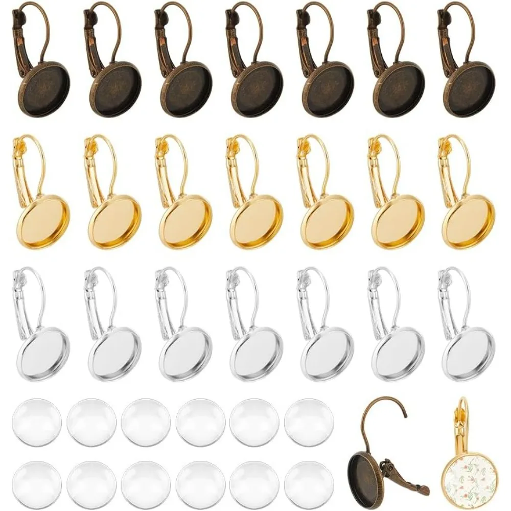 

42Pcs 3 Colors Blank Dome Metal Leverback Earring Cabochon Settings Tray 12mm Lever Back Earring Findings with Glass Cabochon