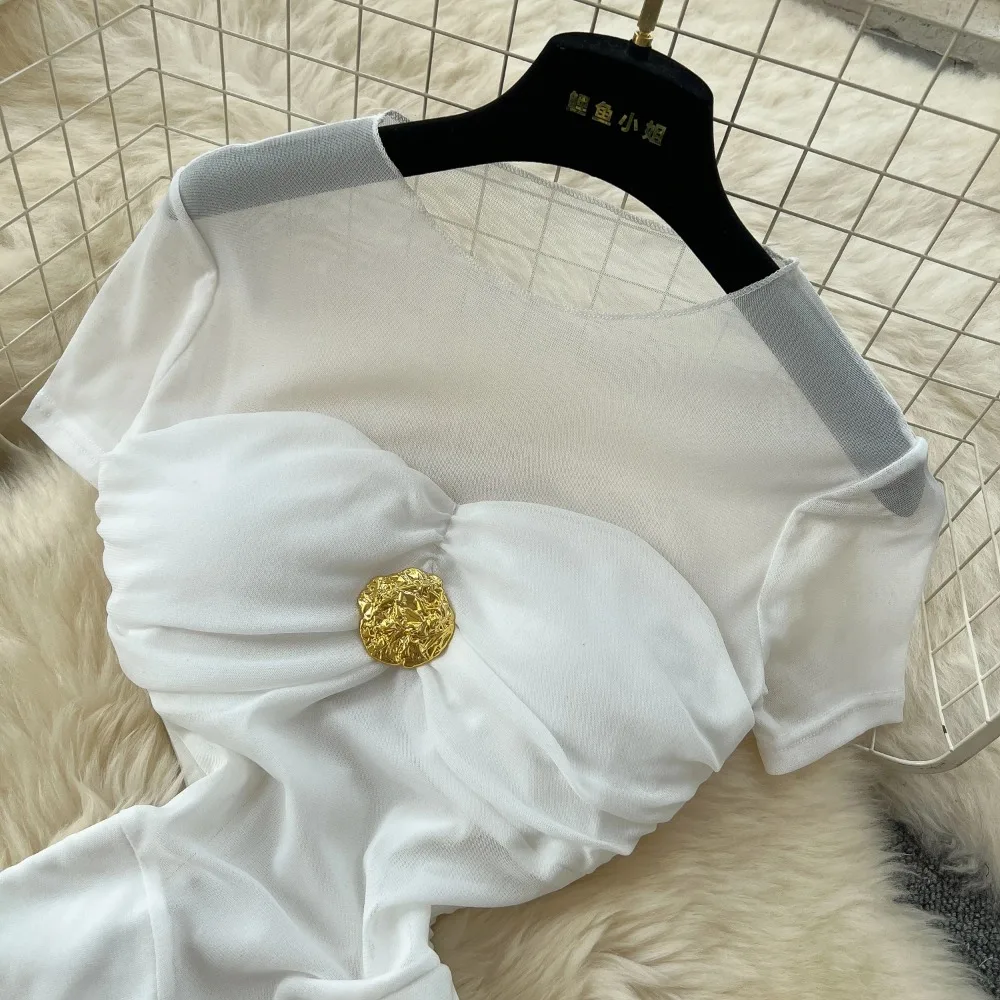 Vestido elegante transparente de malla, Vestidos de hadas elegantes a la moda coreana, Vestidos sexis de cintura alta acampanados, bata de vacaciones de verano para mujer