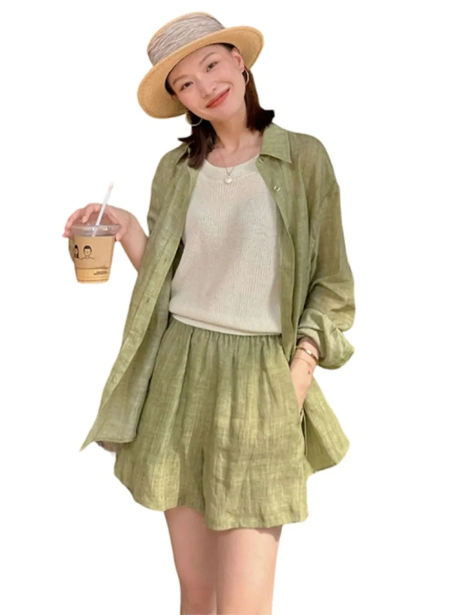 Women Vintage Solid Loose Shorts Outfits Suit Cotton Line Long Sleeve Shirt Wide Leg Pants 2 Pcs Set 2024 New Ladies Streetwear