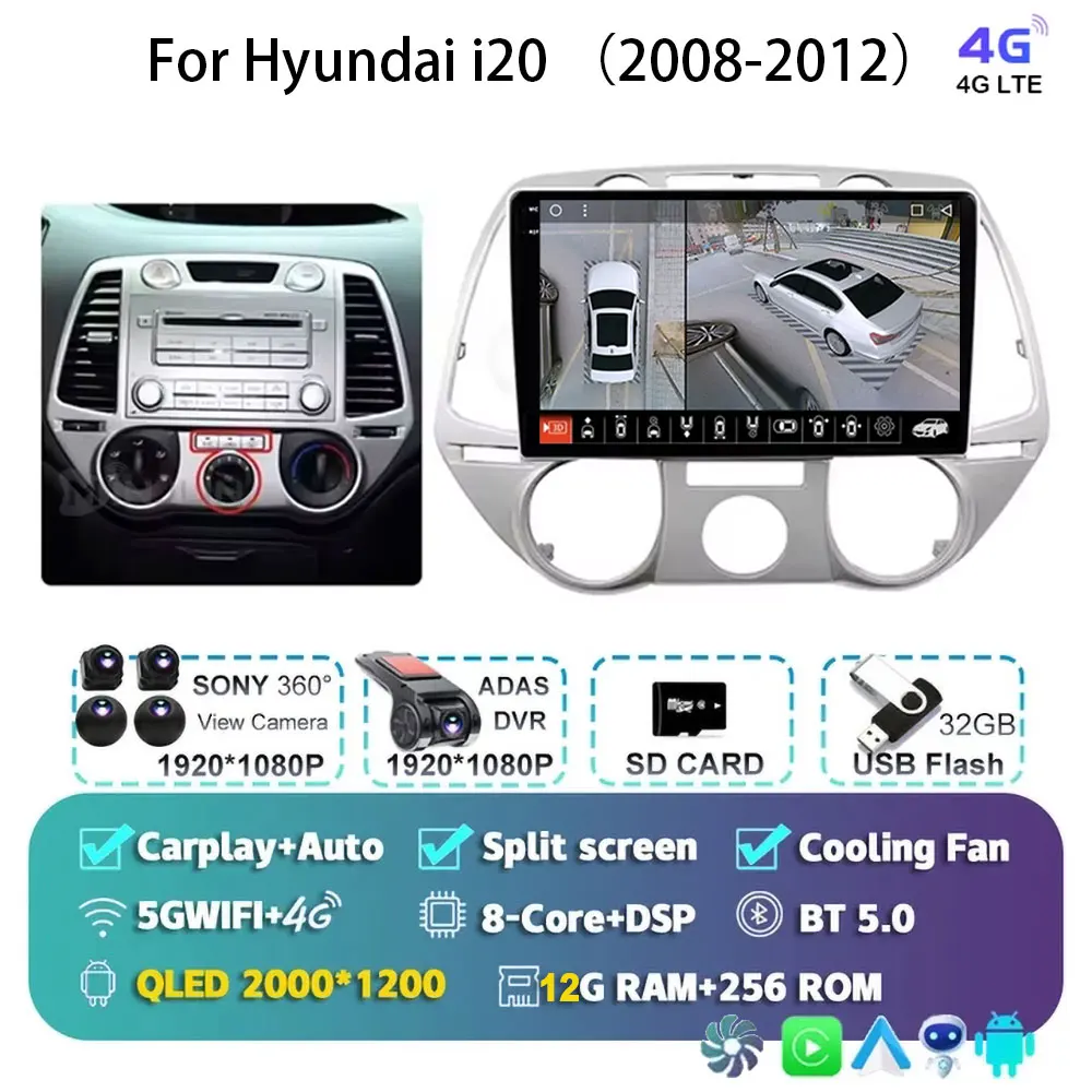 Android 15 Carplay Voor Hyundai i20 2008 2009 2010 2011 2012 Autoradio Stereo Multimedia Video Player WIFI Touchscreen - afbeelding 1