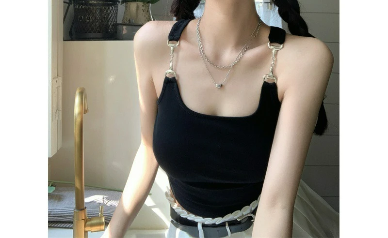 

Black Suspender Small Vest Women with Chest Pad Metal Buckle Outer Wear Beautiful Back Summer Sleeveless Top
