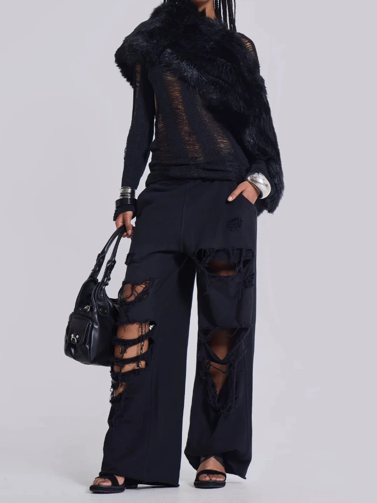 HOUZHOU Black Vintage Distressed Trousers Women Baggy Hip Hop Y2k Grunge Holes Sweatpants Fashion Streetwear Wide Leg Joggers