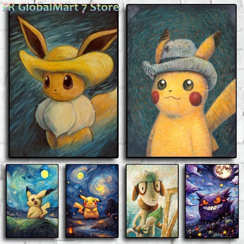Selected Pokemon Themed Van Gogh Starry Sky Canvas Poster The Fantasy Scene of Pikachu and Gengar Under The Moonlit Night