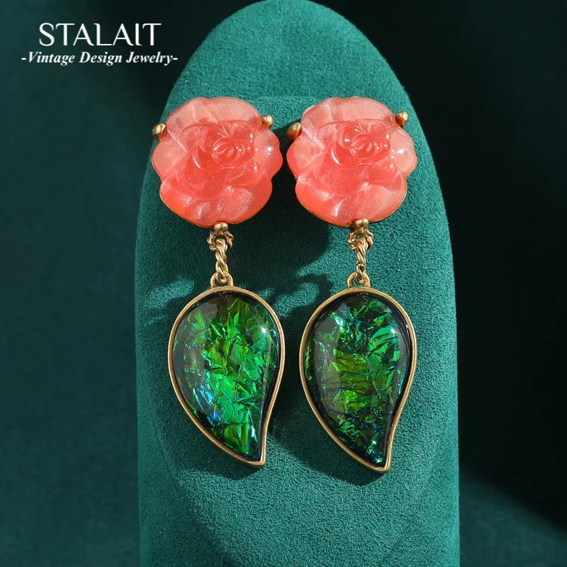 

Bohemia Green Leaves Stone Pink Rose Flower Dangle Earrings Vintage Pendant Antique Jewelry Gold Color Women Korean Style New
