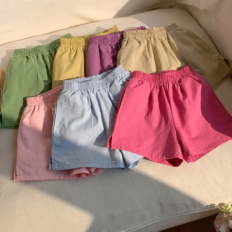 Sommer-Shorts für Mädchen, lockere Passform, elastische Taille, einfarbig, koreanischer Stil, für den Urlaub, leichte Kindershorts