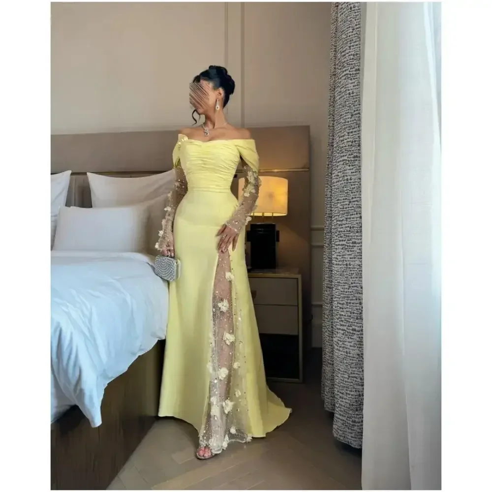 

Customized Floor-Length Prom Dresses 2025 Yellow Glitter 3D Flowers Side Slit Off the Shoulder Party Dresses Robes De Soirée