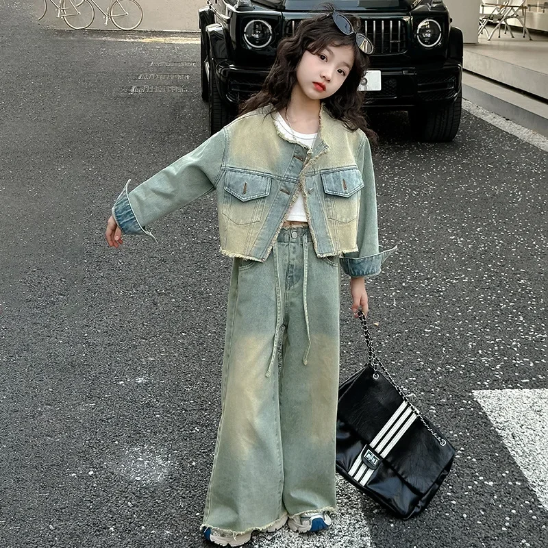 Girls' Spring Wear Denim Set 2024 New Fashionable and Fashionable Children's Wide Leg Pants Two Piece Set