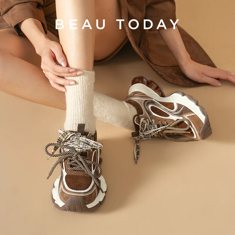 Women's Chunky Sneakers - Suede Leather, Round Toe, Double Laces