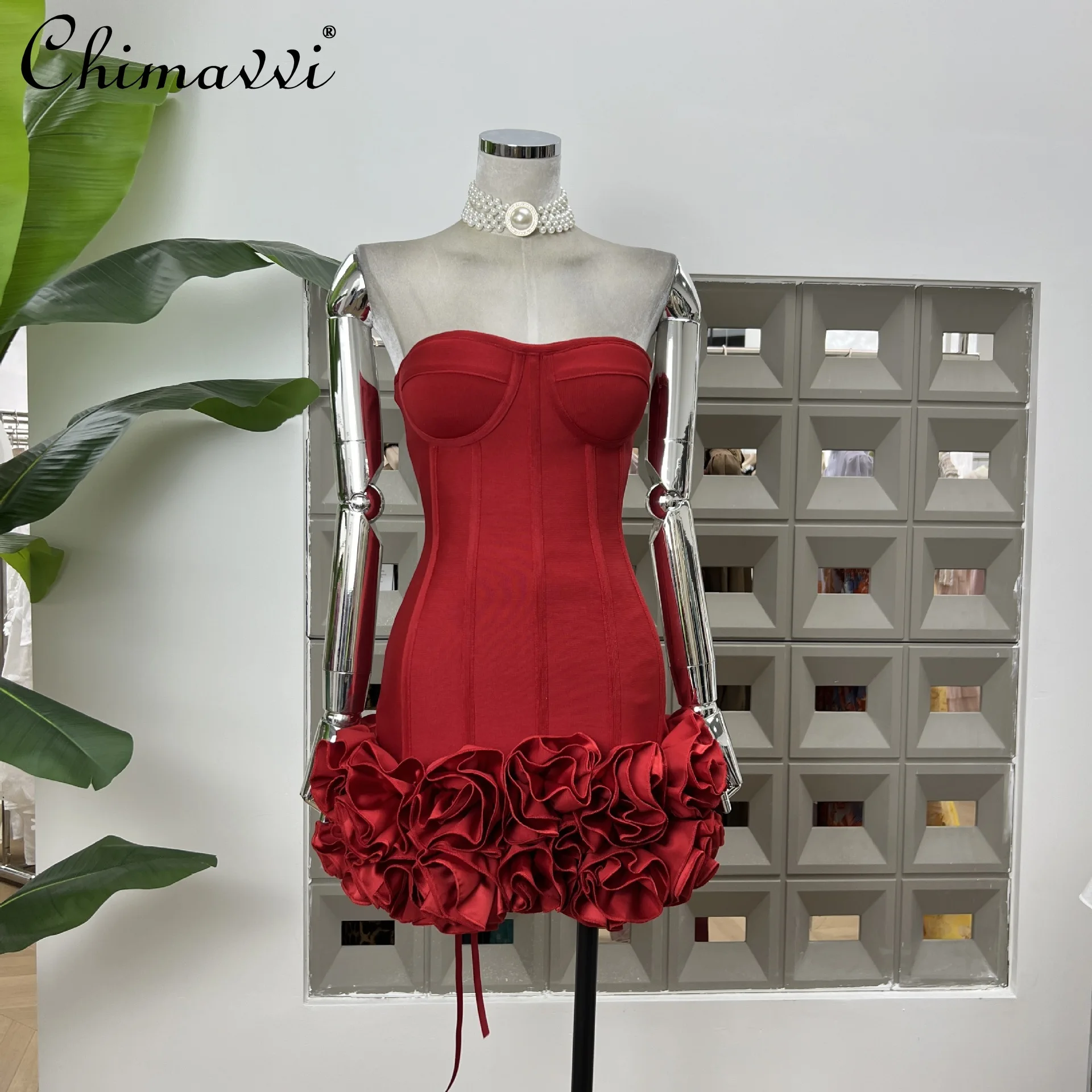 

American Hot Girl Sexy Dresses Off Shoulder Strapless Elastic Fishbone Bandage Lace-up Slim 3D Flower Fluffy Mini Dress Women