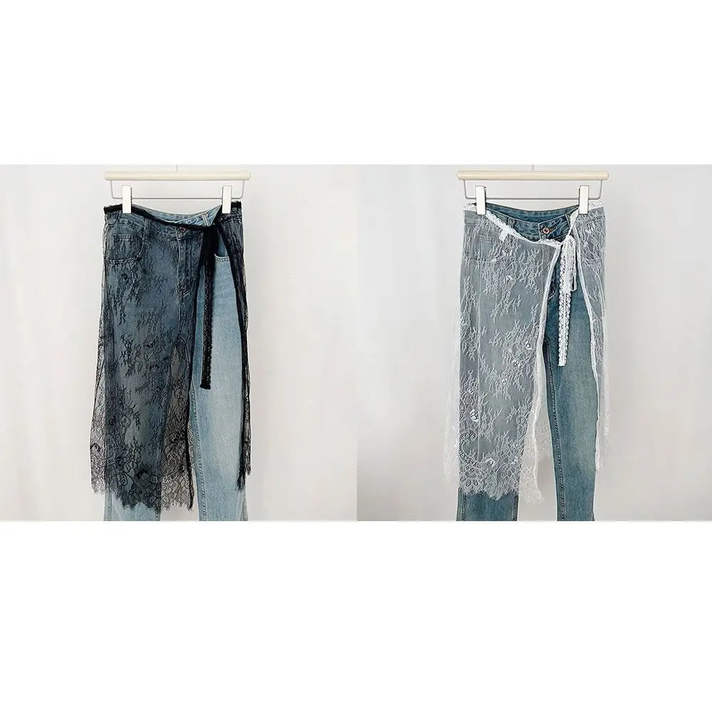 กระโปรงลูกไม้เอวสูงปักลายดอกไม้ กระโปรงลูกไม้โปร่งแสง กระโปรงเชือกผูกสไตล์ฮาราจูกุ Y2K สตรีทแวร์