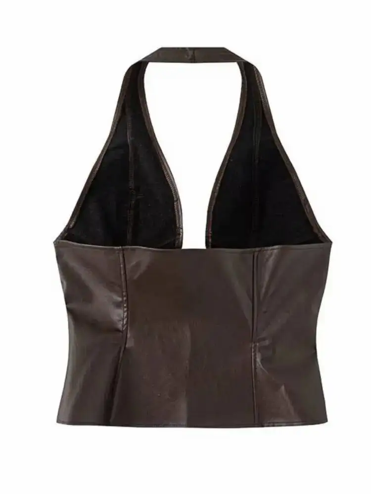 المرأة مثير نادي Gyaru سليم القهوة فو الجلود قصيرة المحاصيل القمم الإناث خمر Y2K موتو السائق بولي Backless تصميم الشارع الدبابات #3