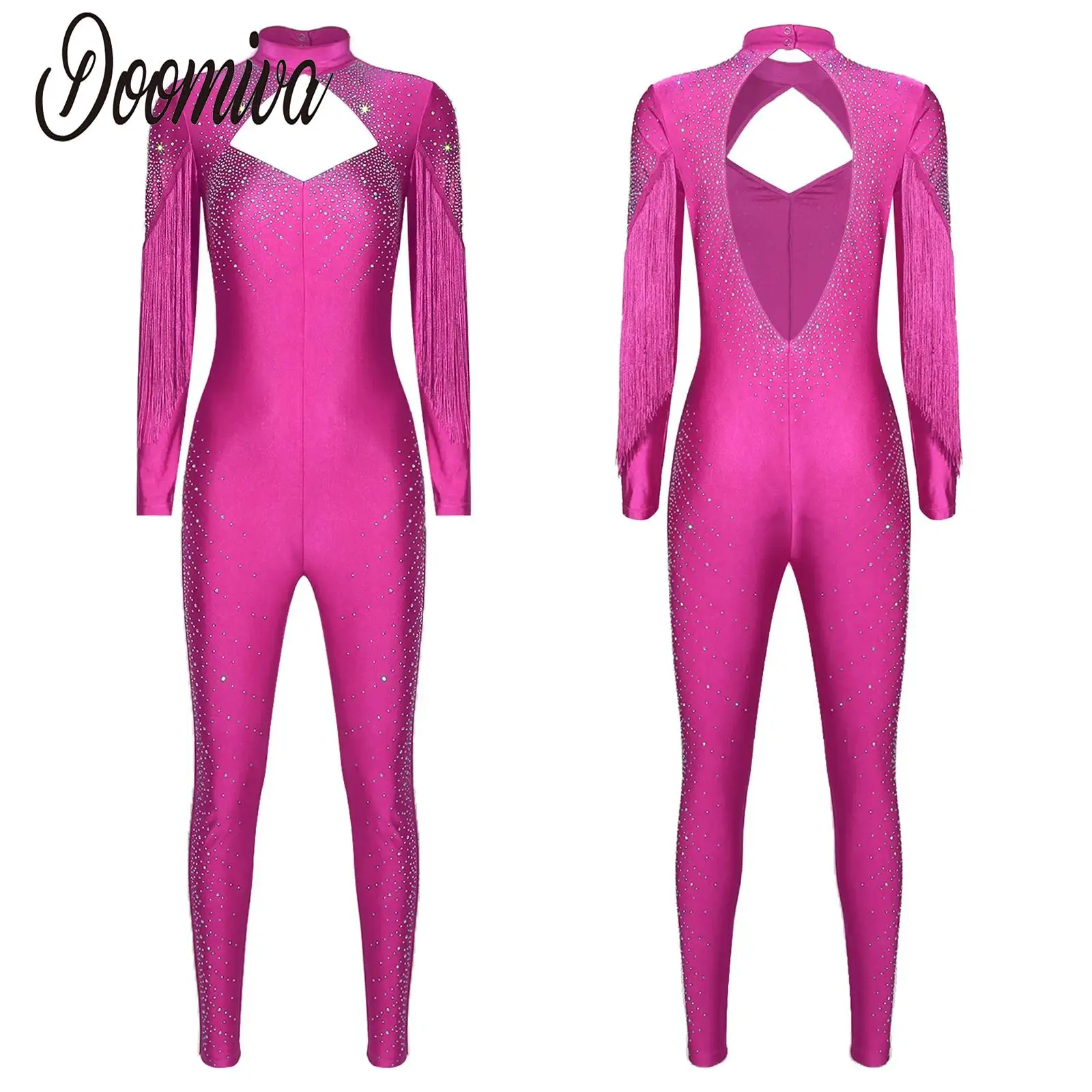 

Women Leotards Figure Skating Rhythmic Jumpsuit Tassel Long Sleeve Glittery Rhinestone Leggings Bodysuits Rompers for Gymnastics