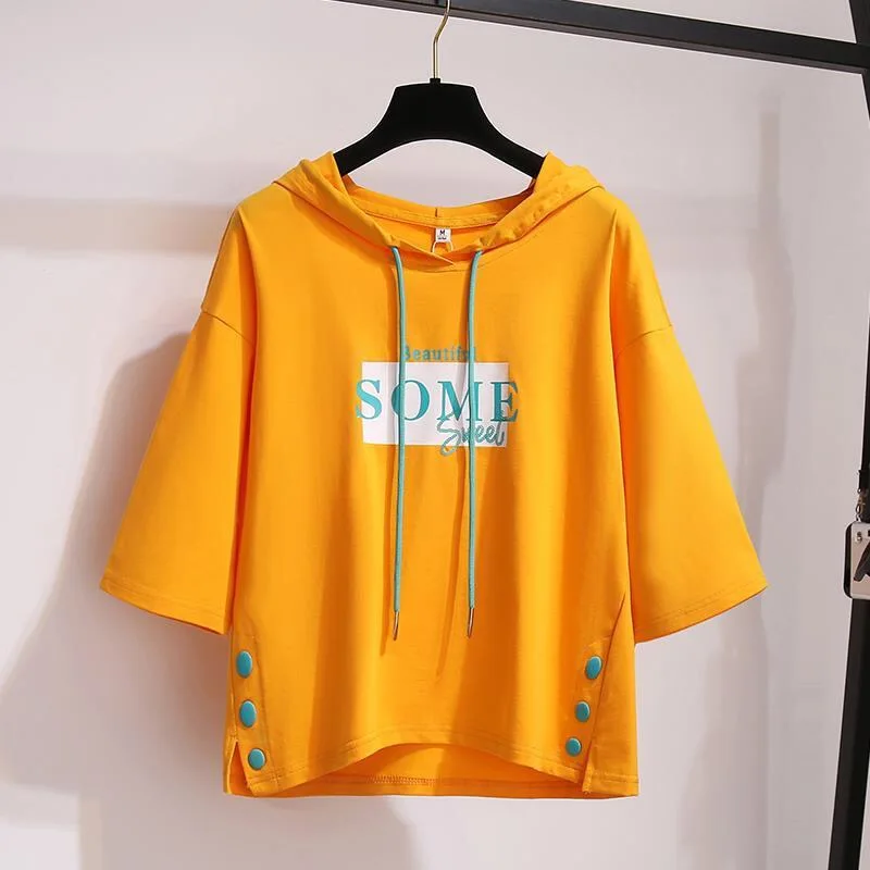 2021 Summer Split Loose Seven Sleeve Hooded T-shirt Women Casual Printed Letter Hooded Sweater Top Korean Preppy Top