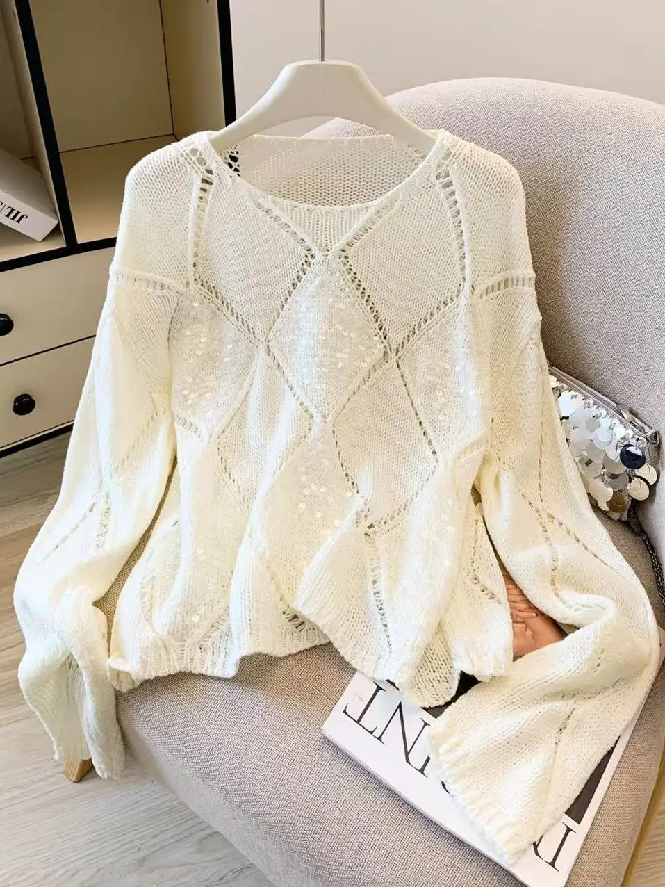 

Корейский вязаный топ с длинными рукавами для женщин, свободный, тонкий, с эффектом похудения, с ромбовидным узором, ажурный, для ранней осени