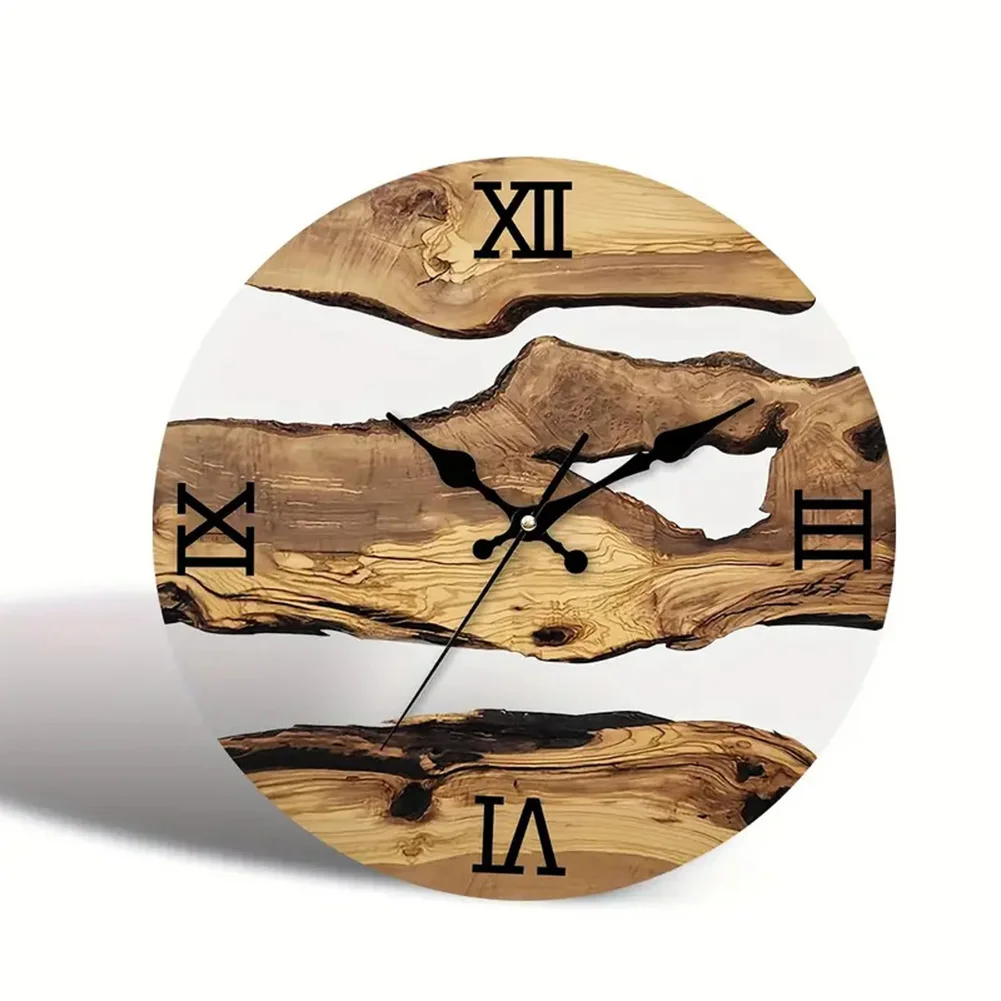 Country Style Clock Tempered Glass Wall Clock Office Wood Grain Design Artistic Blend Battery-powered DIY Decoration