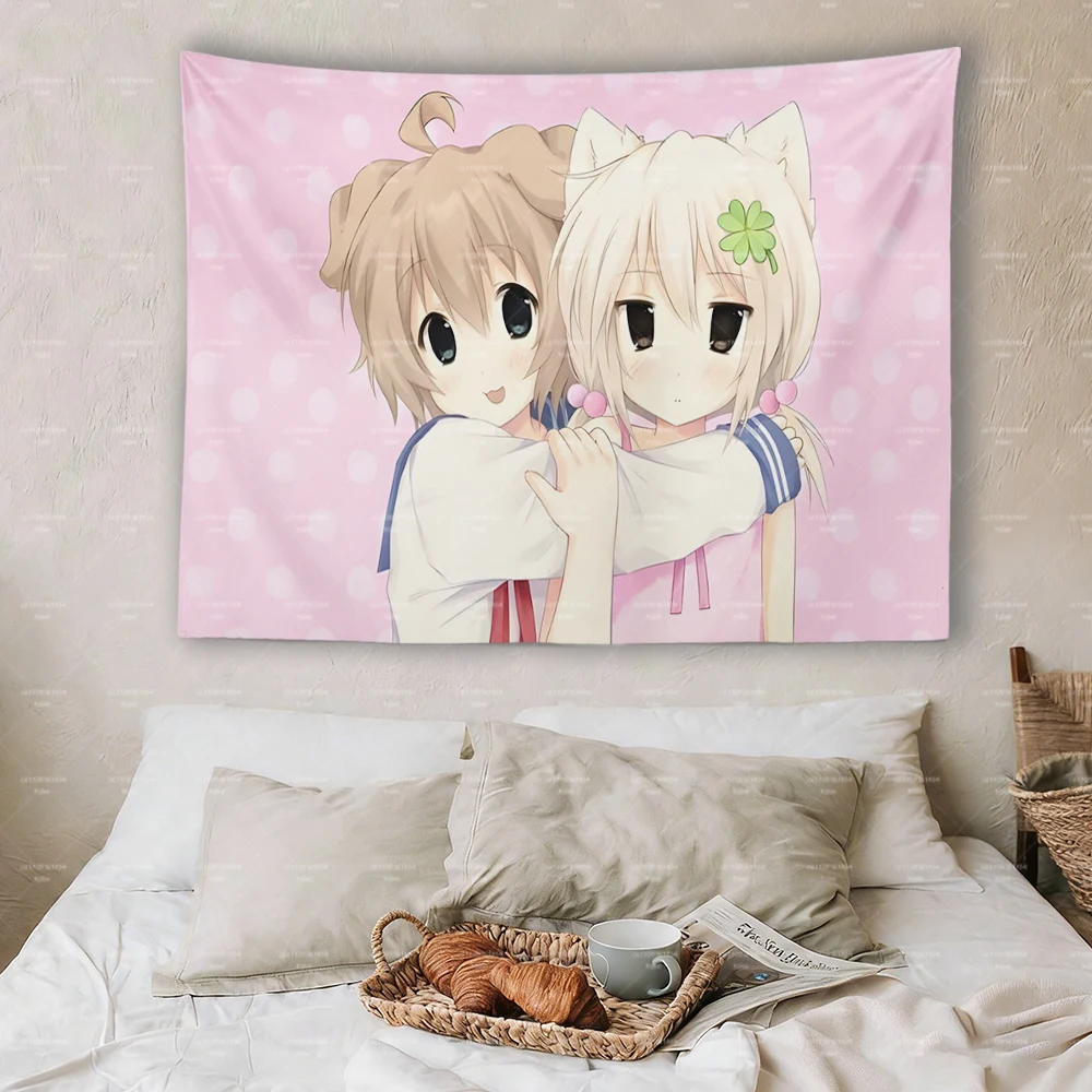 Kawaii Wandteppich mit Katzen- und Hundeohren für Mädchen, rosa gepunkteter Anime-Wandbehang für Schlafzimmer- und Wohnheimdekoration – Detail 4