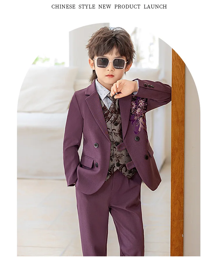Kinderanzug, Jungen-Gastgeber-Outfit, Klavier-Bühnenkostüm, Blumenjungen-Geburtstagsfeier Pailletten-Blazer A5049 – Detail 10