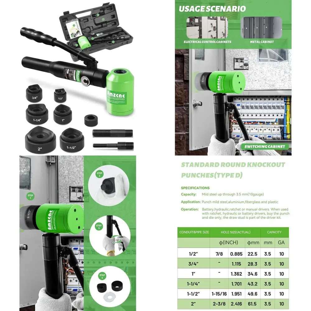 

Universal 1/2 to 2 Hydraulic Knockout Hole Punch Set for Electrical Conduit and Metal Sheets